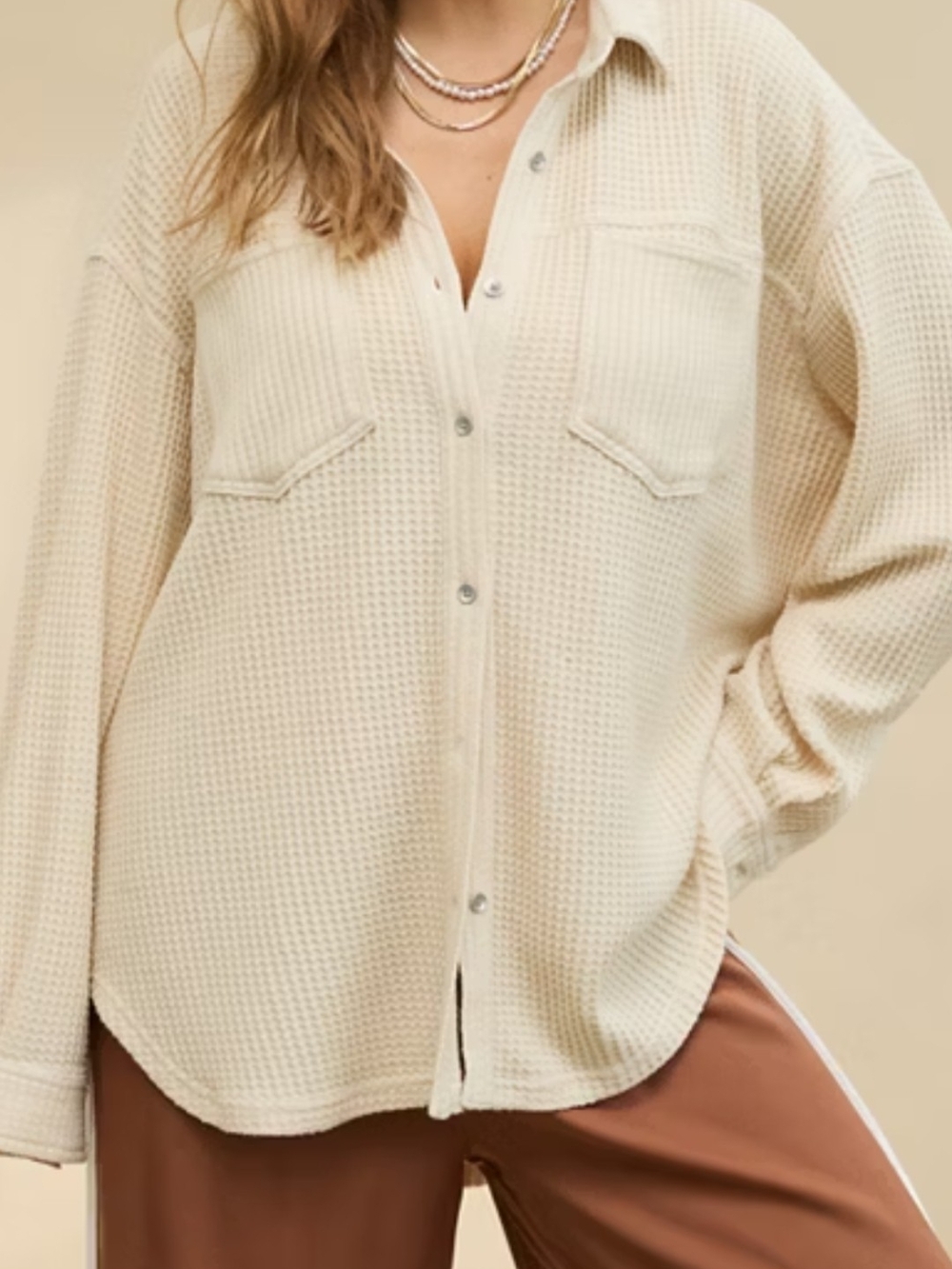 aerie Cream Waffle-Knit Button-Down Shirt